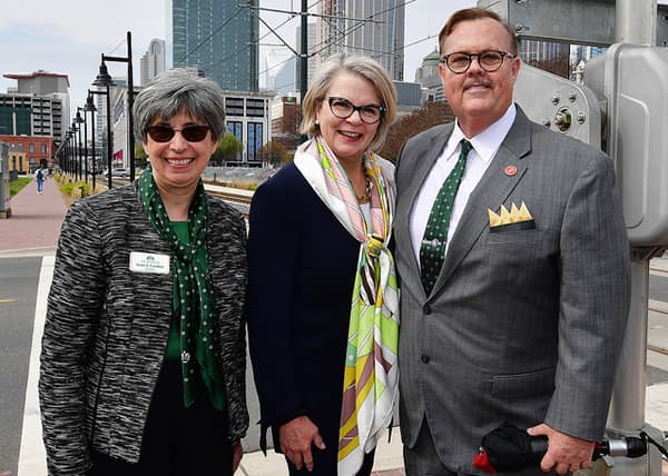 Margaret Spellings arrives at UNC Charlotte Center City with UNC Charlotte Provost Joan Lorden and Philip Byers, a member of the UNC Board of Governors.