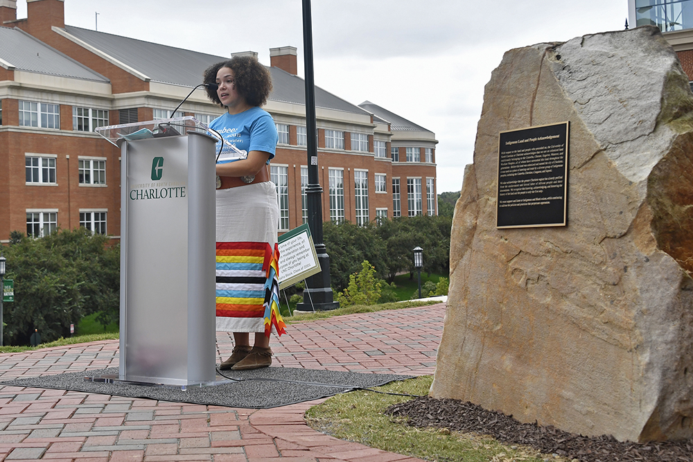 UNC Charlotte unveiled a land and people acknowledgement plaque outside Popp Martin Student Union.