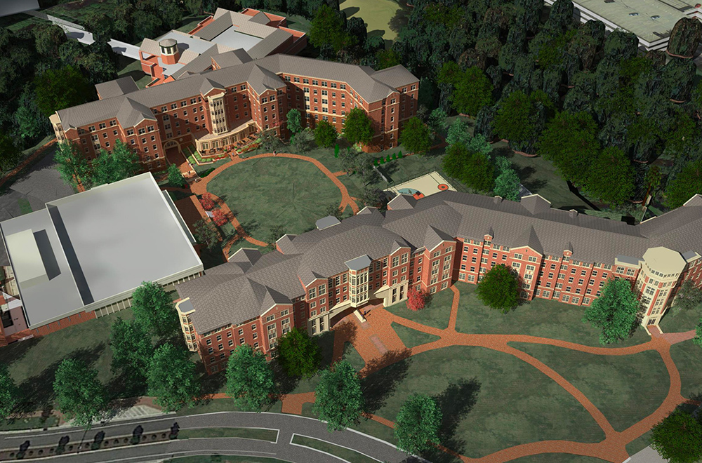 View of South Village with the new Moore Hall situated between Levine Hall and the South Village Dining Hall