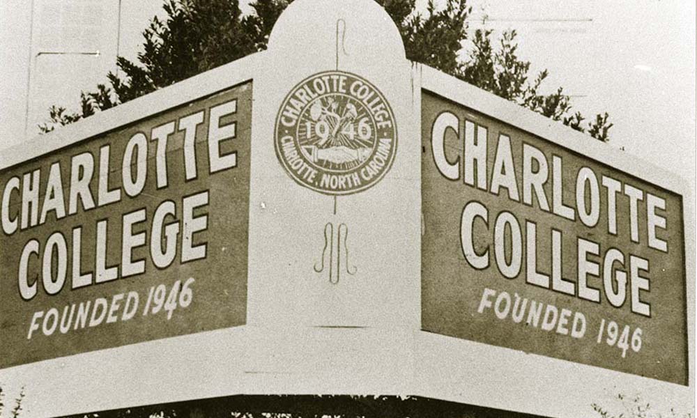 Historical photo of the Charlotte College sign