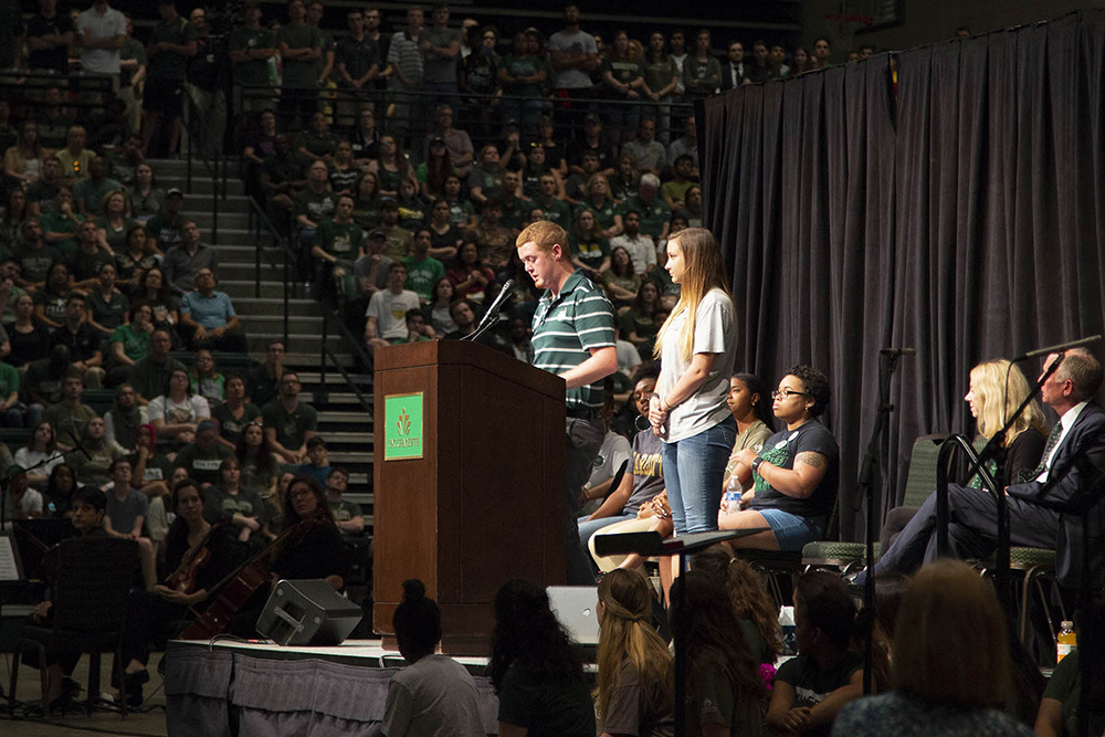 Chandler Crean, Student Body President 2019-20, speaking at the vigil after the UNC Charlotte campus shooting.