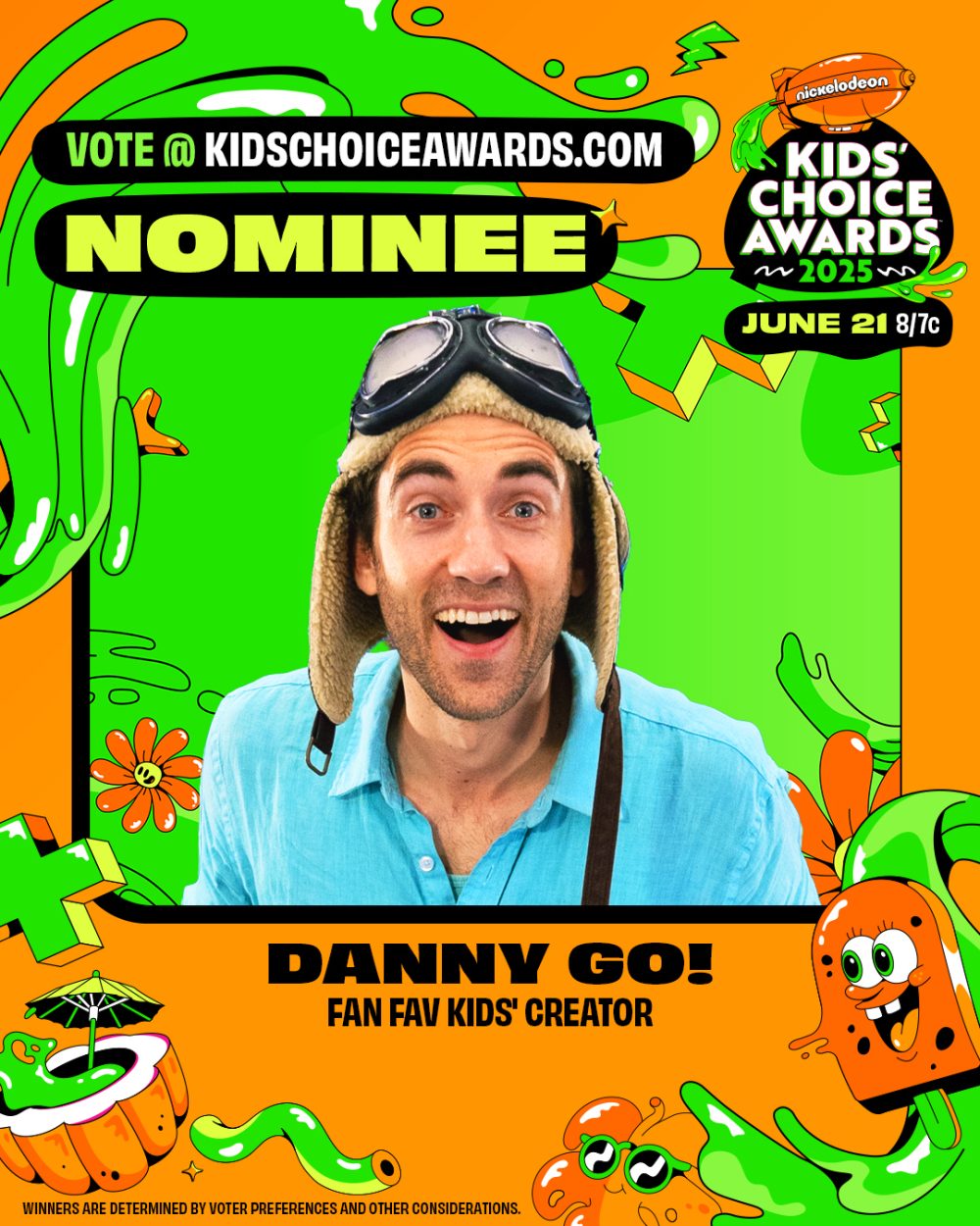 A man in aviator goggles smiles on a neon Kids’ Choice Awards nominee poster for June 21.