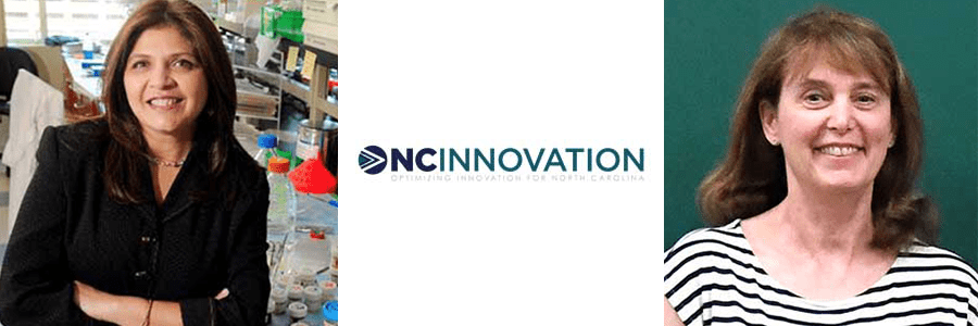 two headshots of UNC Charlotte researchers with the NCInnovation logo in between.