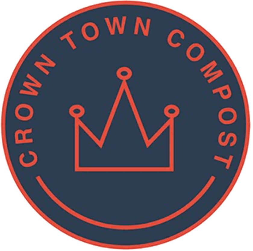 Logo for Crown Town Compost featuring a stylized crown with four points inside a dark circular background. The crown and the text “CROWN TOWN COMPOST” are in red-orange, encircling the crown design.