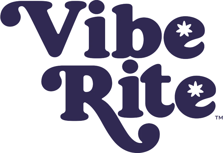 The Vibe Rite logo features bold, dark purple retro-style text with starburst accents inside the letters 
