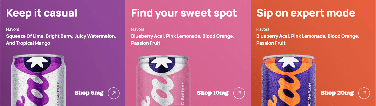 Drink-Delta3 A promotional graphic for Delta seltzer highlights three dosage categories—5mg, 10mg, and 20mg—along with flavor options like Squeeze of Lime, Bright Berry, Blueberry Acai, and Passion Fruit under headings “Keep it casual,” “Find your sweet spot,” and “Sip on expert mode.”