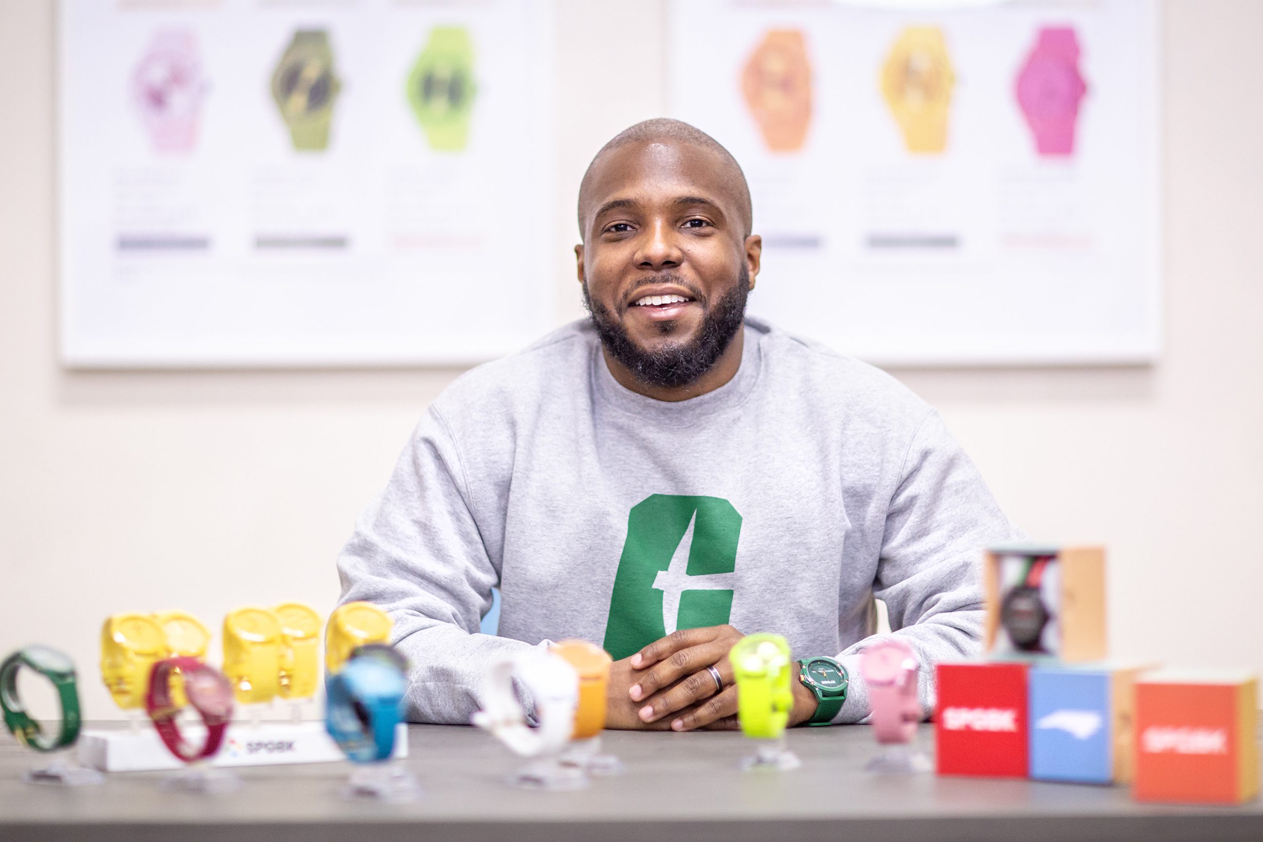 Kwame-Molden-SBGBK-Wacthes Kwame Brown '12 MBA poses with a collection of his SPGBK watches