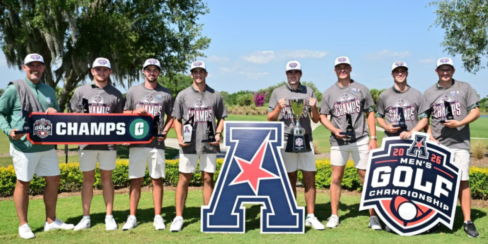Men's golf team poses with American Athletic Conference logo after winning conference championship