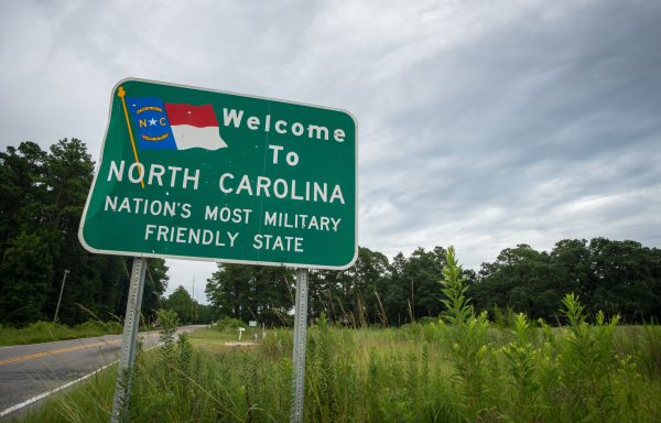 Sign welcoming people to North Carolina, the nation's most friendly military state