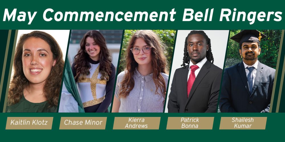 Coomencement Bell Ringers Kaitlin Klotz, Chase Minor, Kierra Andrews, Patrick Bonna and Shailesh Kumar