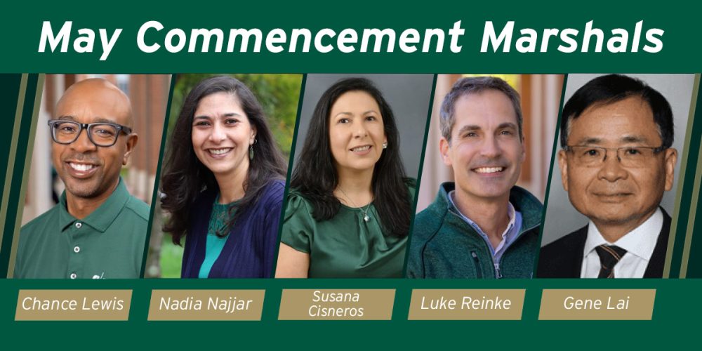 Commencement Marshals Chance Lewis, Nadia Najjar, Susana Ciseros, Luke Reinke and Gene Lai