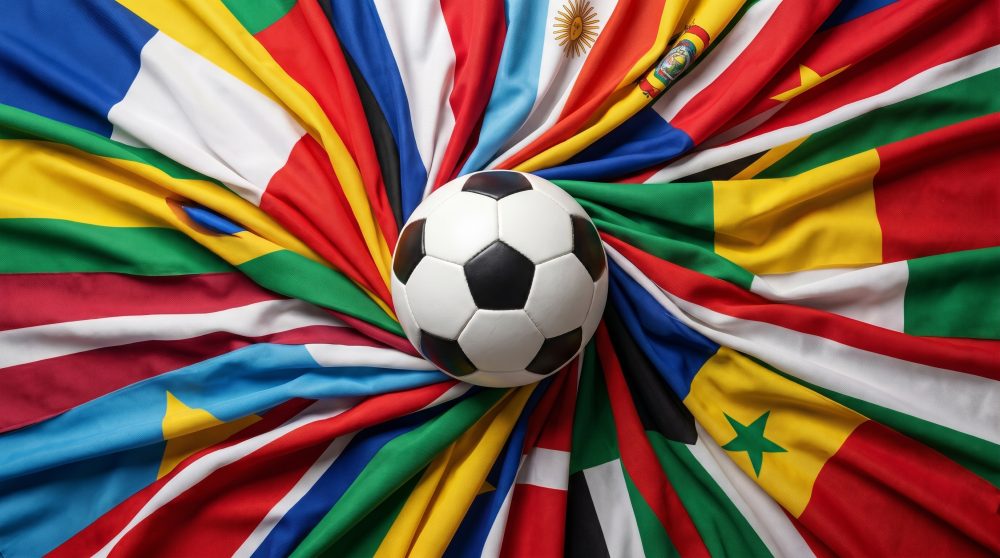 A soccer ball is placed at the center of various international flags, symbolizing global unity and the diverse cultures represented in the sport