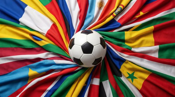 A soccer ball is placed at the center of various international flags, symbolizing global unity and the diverse cultures represented in the sport
