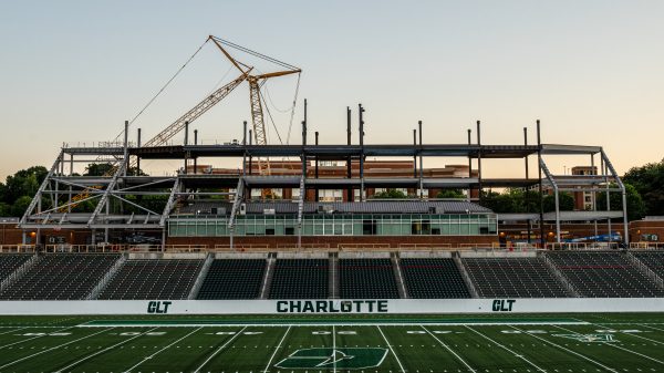 Construction taking place above the press box at Jerry Richardson Stadium