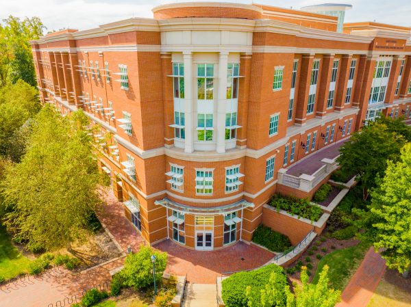 Side facing zoomed in aerial photo of the EPIC building on UNC Charlotte's campus