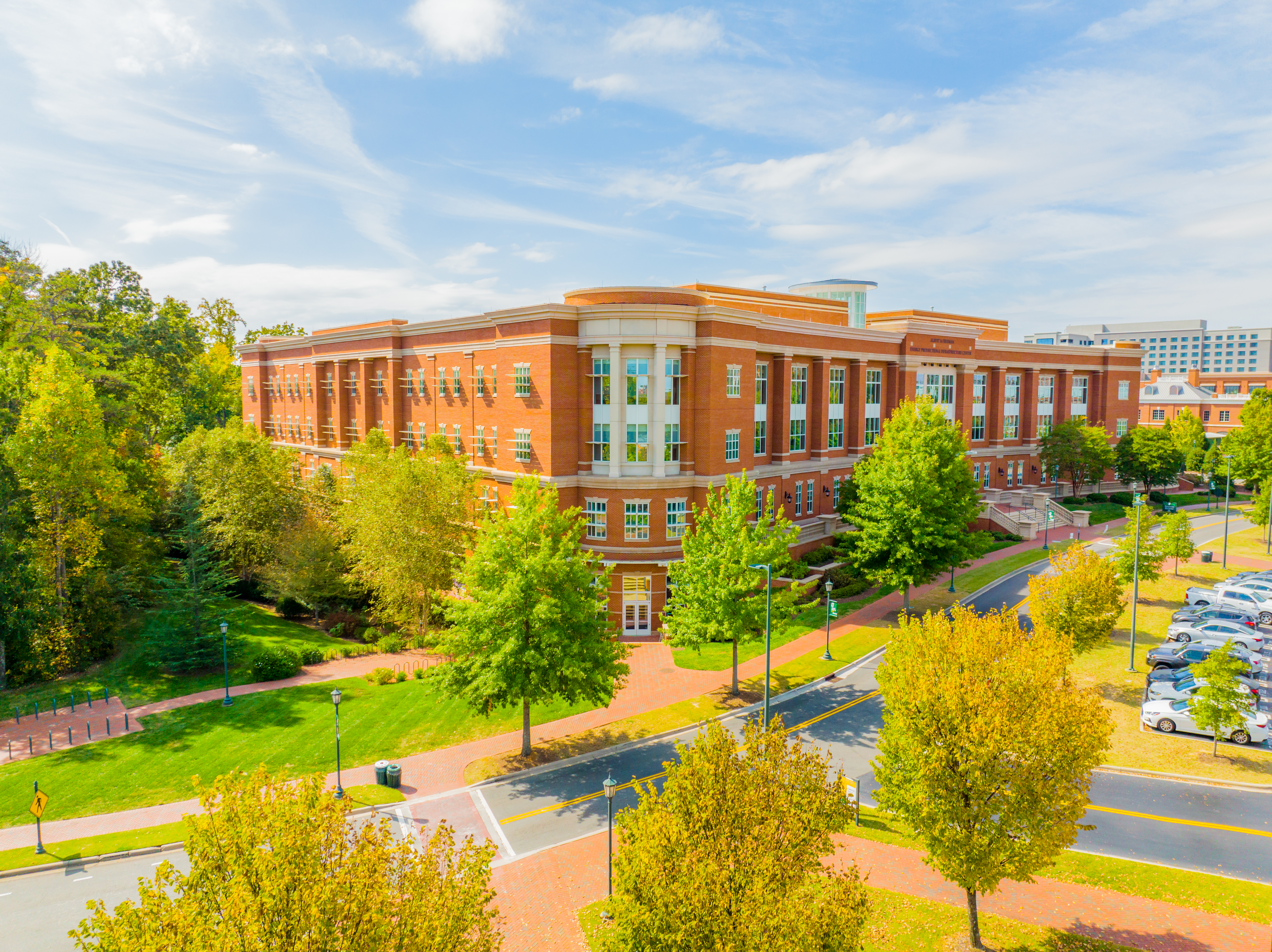 Side facing aerial photo of the EPIC building on UNC Charlotte's campus