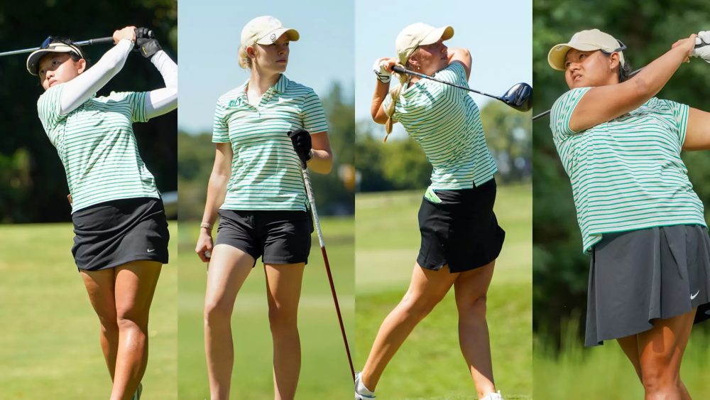 Four-panel collage featuring members of the Charlotte women's golf team on the course. Three golfers are shown completing tee shots, while one stands holding a club and watching play. All wear matching green-and-white striped polos with black bottoms on a sunny day.