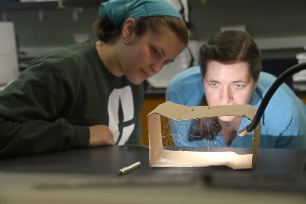 Sarah Stellwagen and a student observe spider silk