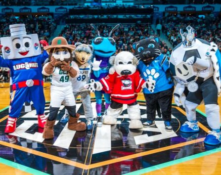 Norm the Niner stands with other mascots on a basketball court.