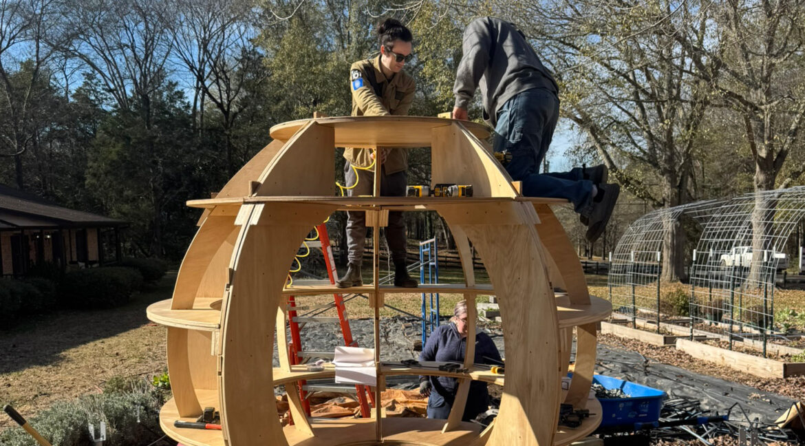 Peterson building art in a park