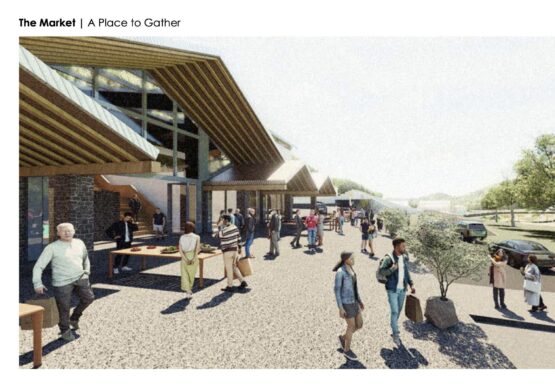 Architectural rendering of an outdoor market space with modern wooden-roofed structures. People are walking, chatting, and browsing tables in a communal gathering area called “The Market” at Chimney Rock.