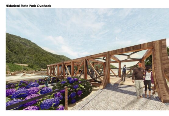 Rendering of a wooden pedestrian bridge at Chimney Rock Park with people walking across and around it. Bright purple hydrangeas line the path, with a river and mountains in the background.
