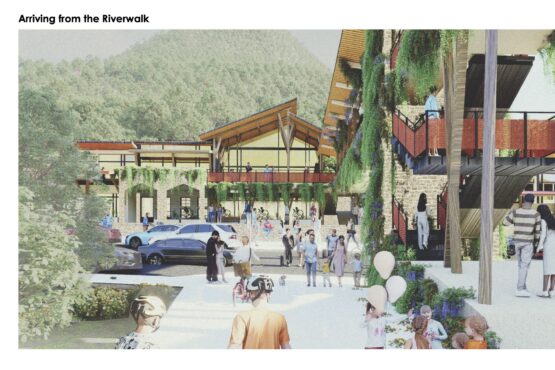 Architectural visualization of “The Crossing at Chimney Rock,” showing people arriving from a riverwalk. The scene features modern stone and wood buildings with greenery and balconies, and a crowd gathered in a lively plaza.