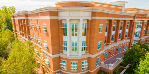 Side facing zoomed in aerial photo of the EPIC building on UNC Charlotte's campus