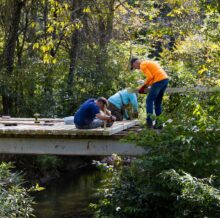 A group of four people works together repairing a wooden footbridge in a wooded area, hammering and lifting boards over a stream below.