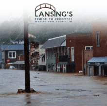 A flooded street in a small town, with water rising halfway up storefronts and utility poles, under the text 