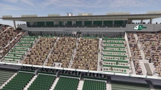 Architectural rendering of the completed west grandstand expansion at Jerry Richardson Stadium, featuring new premium seating, the Terrace Club, luxury suites, and an upper-level hospitality space overlooking the football field.