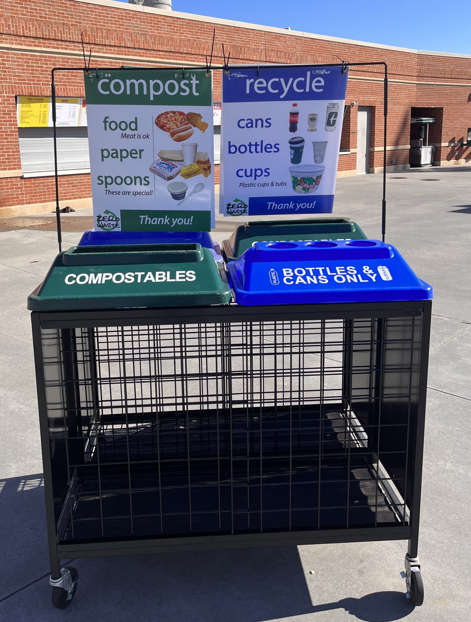 Compost and recycling bins at Jerry Richardson Stadium