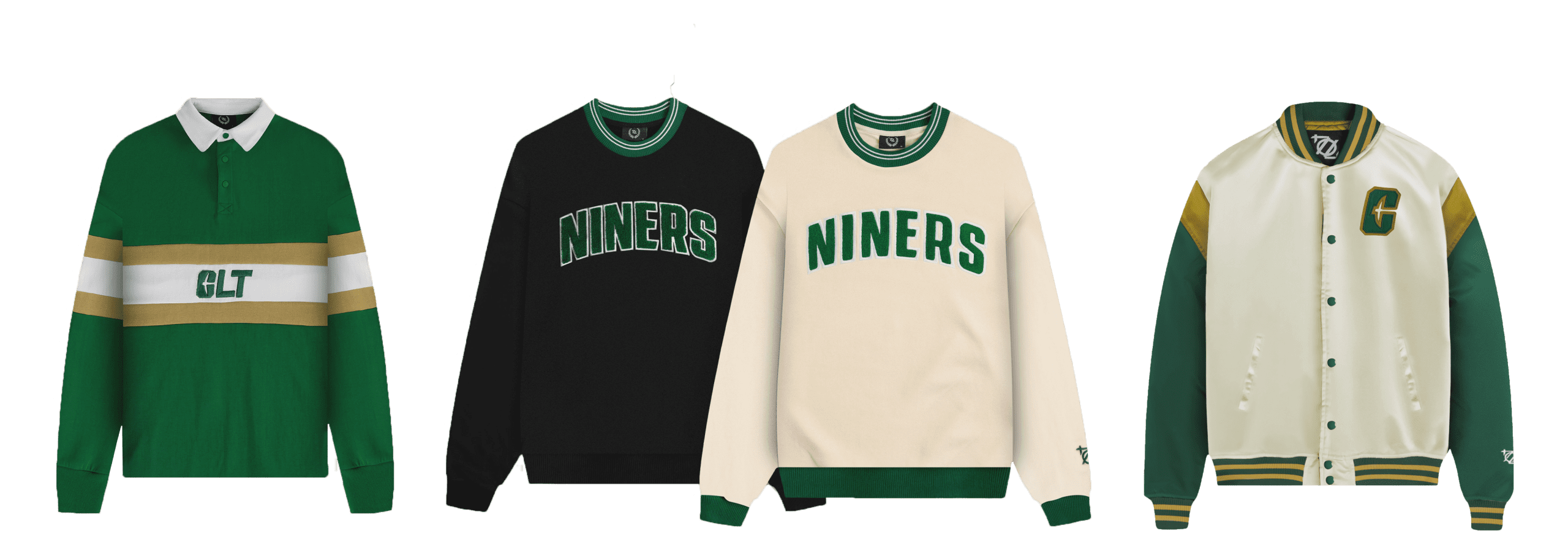 Four Charlotte 49ers apparel items: a green and white rugby shirt, a black crewneck sweatshirt, a cream crewneck sweatshirt, and a green and white varsity jacket.