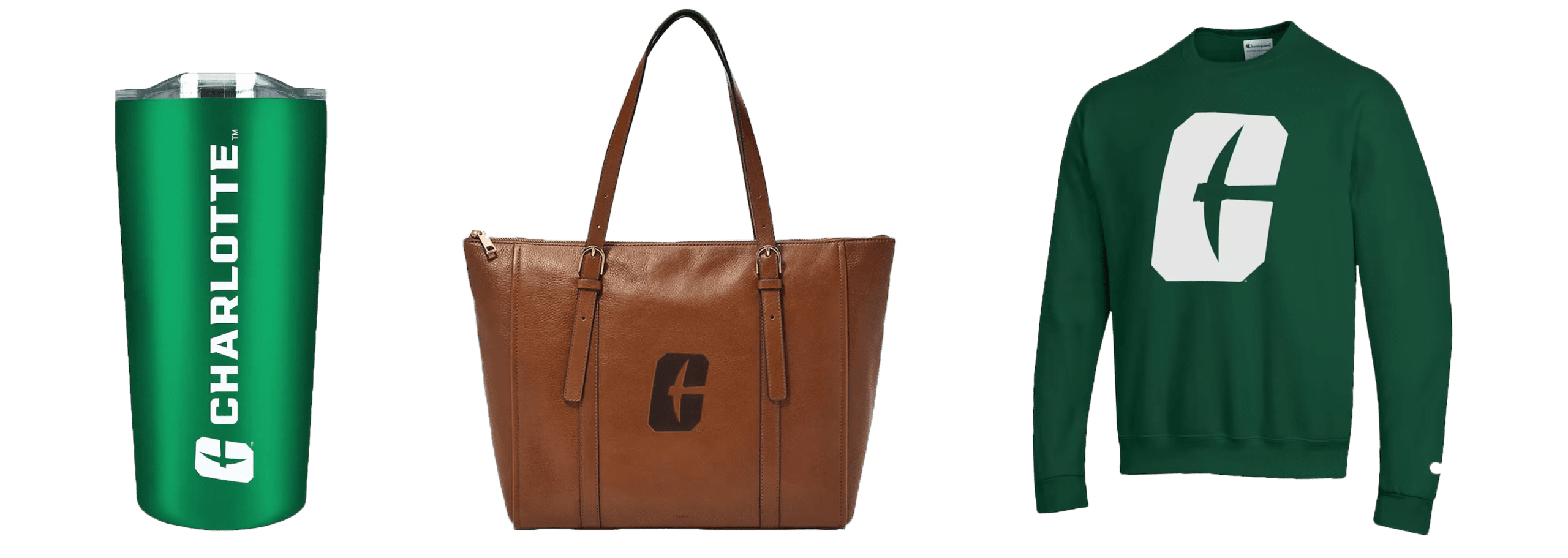 A green tumbler, a brown tote bag, and a green sweatshirt, each featuring a stylized logo.