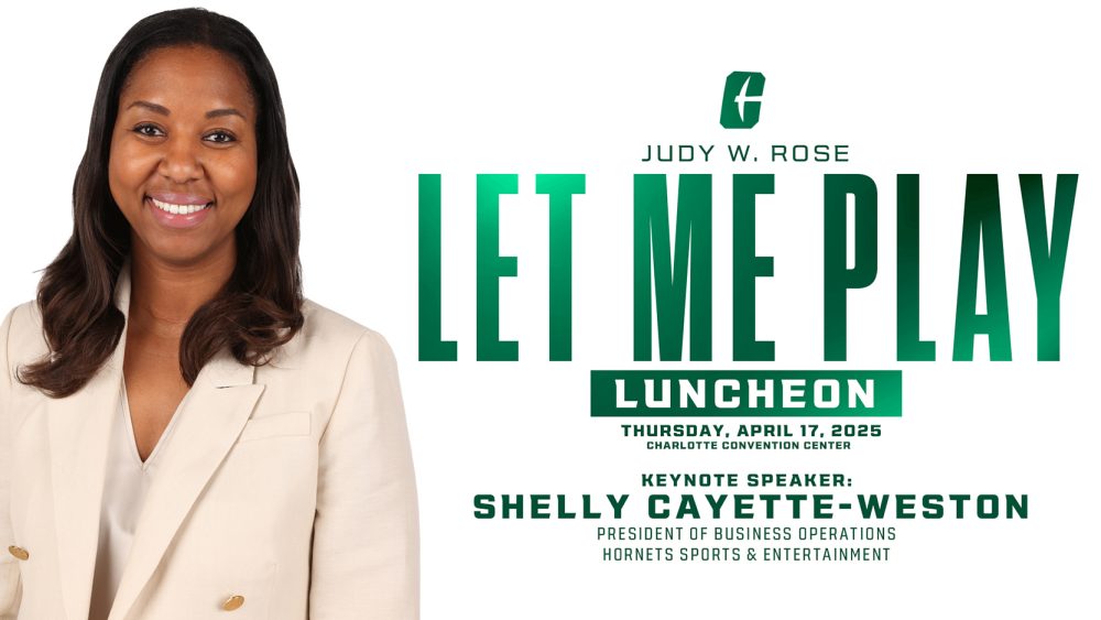 Smiling woman next to "Let Me Play" luncheon details.