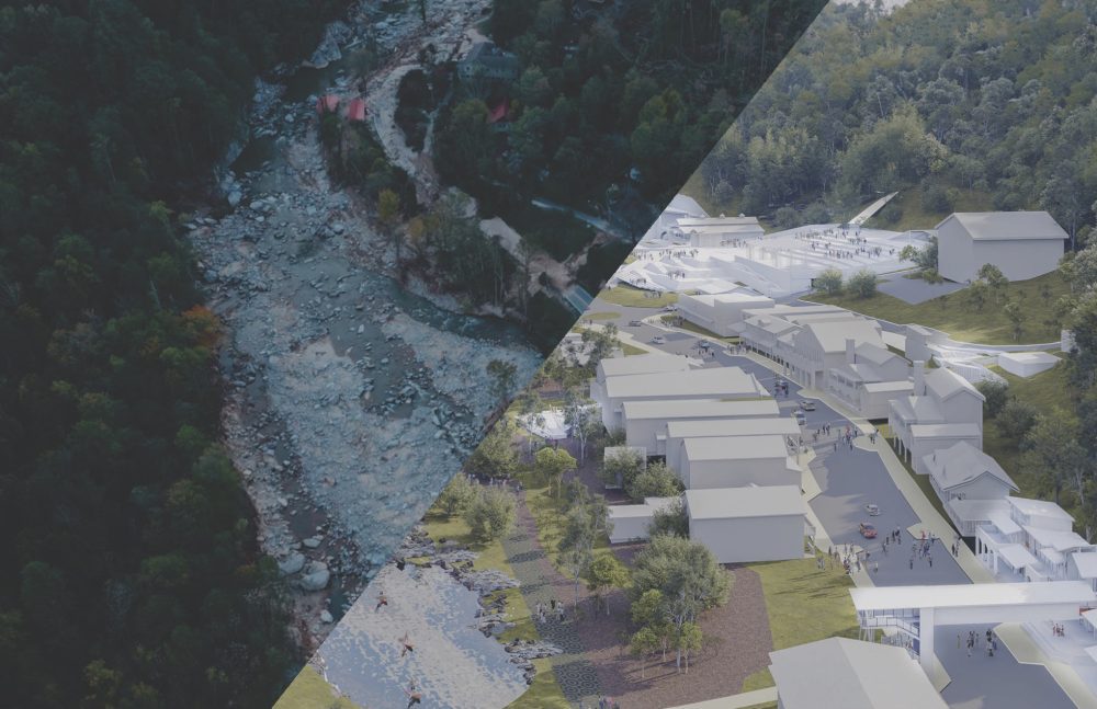 Split-screen image showing a rocky river valley on the left and a conceptual rendering of a redeveloped town with modern buildings, walkways, and green spaces on the right.