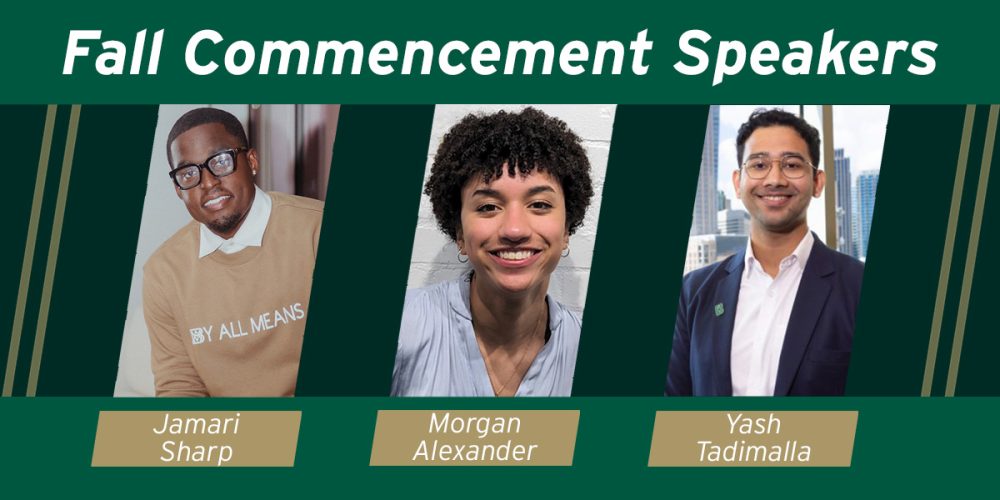 Fall Commencement student speakers Jamari Sharp, Morgan Alexander and Yash Tadimalla