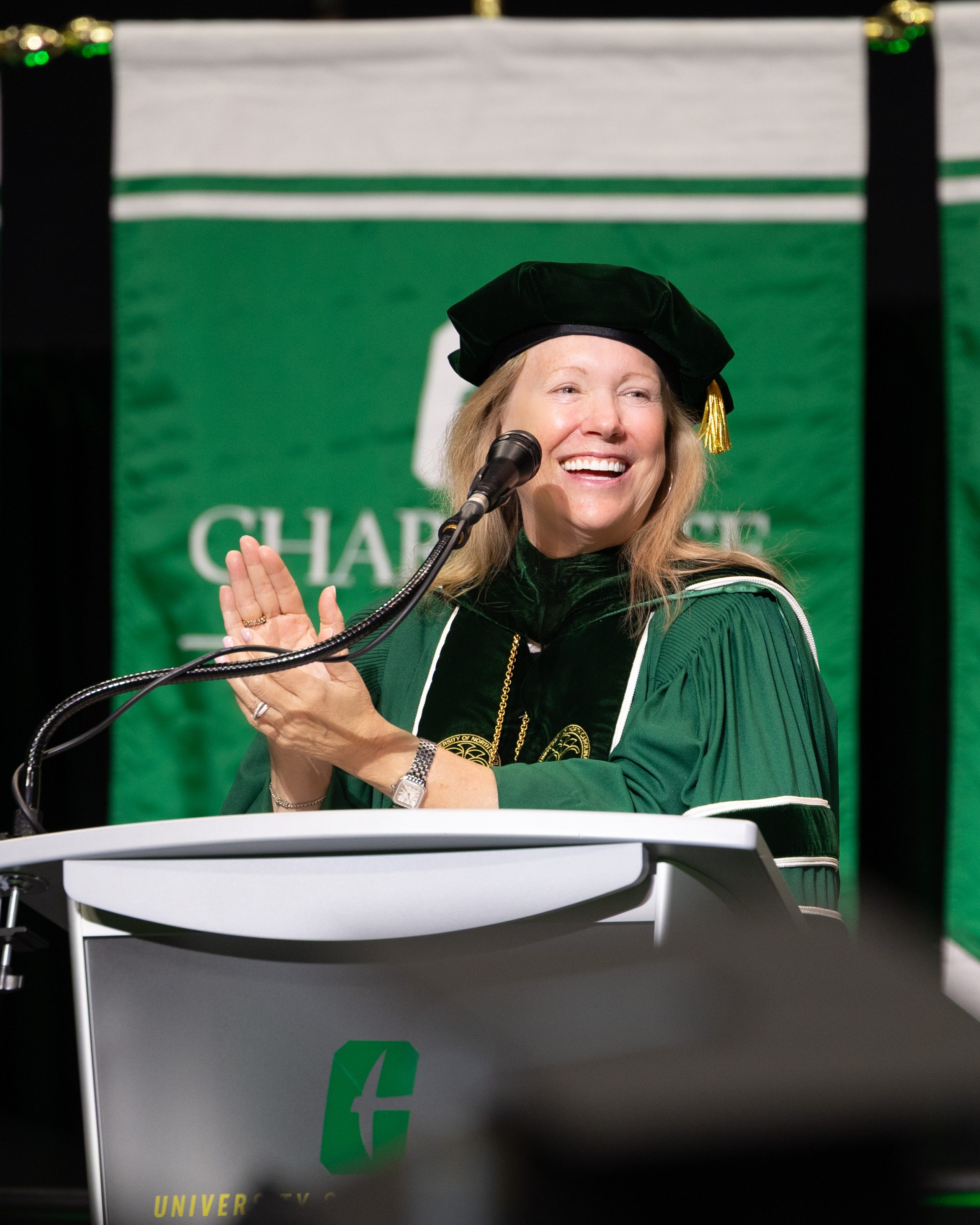 Chancellor Sharon L. Gaber applauds at fall 2025 commencement