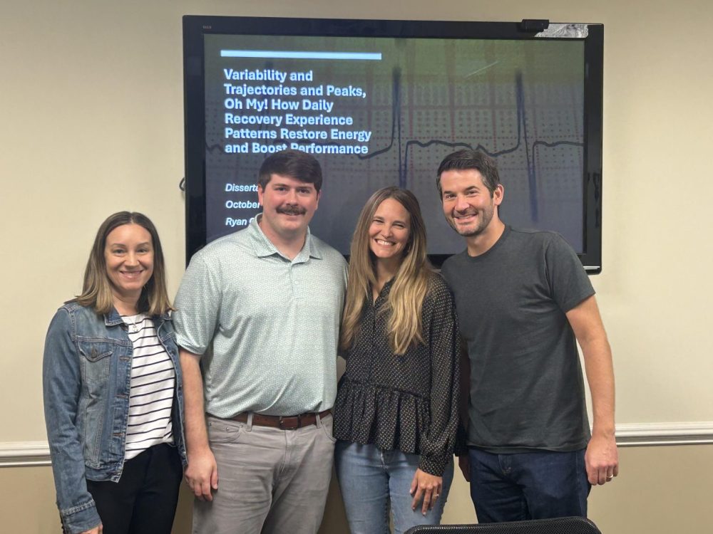 From left to right: Malissa Clark, Ryan Grant, Kristen Shockley and Fadel Matta at Grant’s dissertation defense at the University of Georgia.