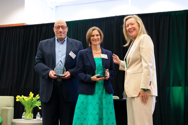 Tarek Elshayeb, Denise Medeiros and Chancellor Sharon Gaber