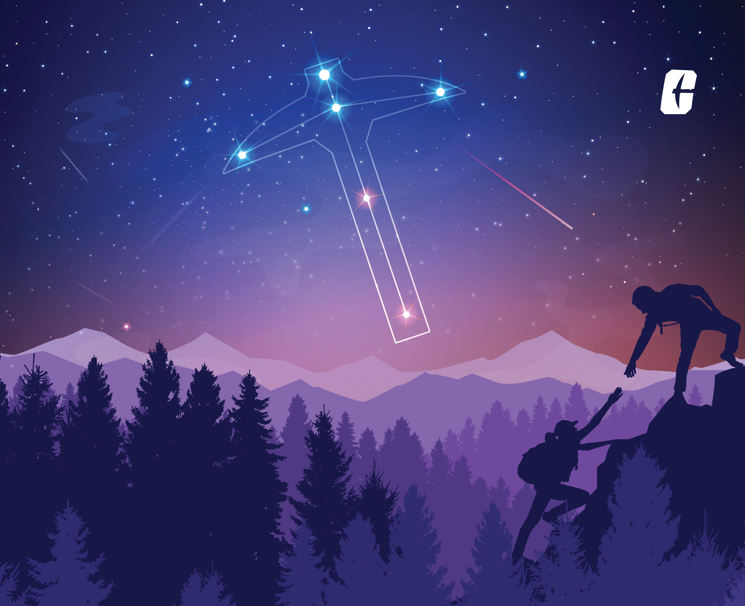 Illustration of a nighttime mountain landscape with silhouetted hikers climbing a cliff beneath a constellation diagram.