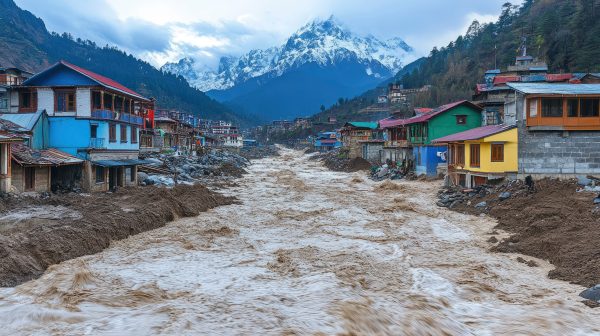 A flooded village at the base of a mountain