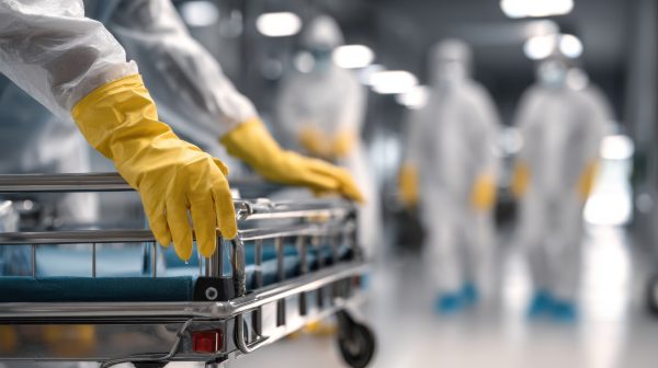 Medical personnel in hazard suits