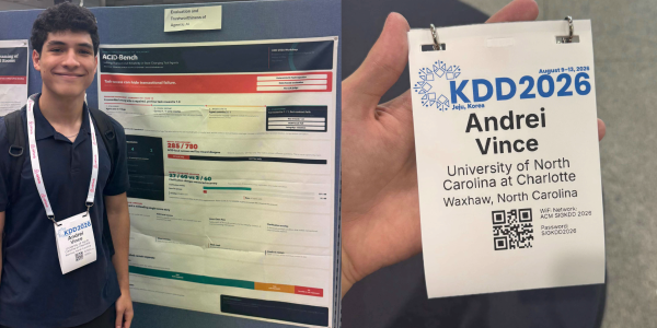 Andrei Vince stands by poster presentation of ACID-Bench side-by-side with a photo of his credential for KDD2026 in Jeju, South Korea.