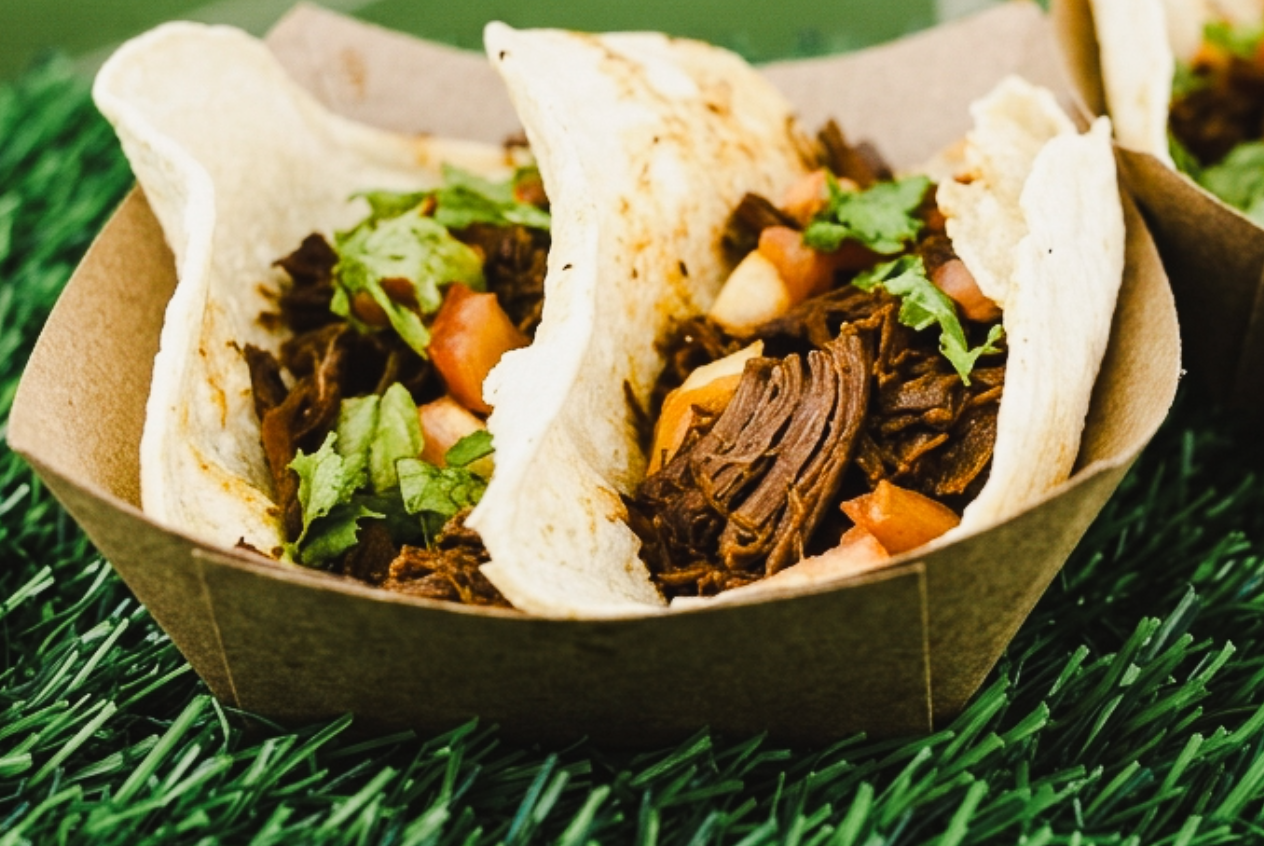 Beef Baracoa Tacos (Crop) Slow-cooked beef barbacoa tacos served up in twin soft tortillas from Hormel.