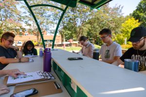 Students work at solar tables