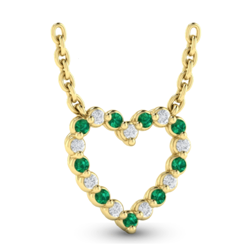 A gold heart-shaped pendant with green emeralds and white diamonds on a chain.