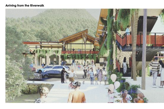 Architectural visualization of “The Crossing at Chimney Rock,” showing people arriving from a riverwalk. The scene features modern stone and wood buildings with greenery and balconies, and a crowd gathered in a lively plaza.