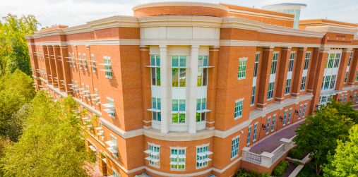Side facing zoomed in aerial photo of the EPIC building on UNC Charlotte's campus