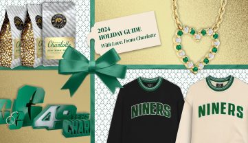 Holiday gift graphic featuring coffee, a heart necklace and sweatshirts. A gift tag with the test 